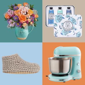 Flowers arranged in a teal pitcher, hand cream set with floral packaging, gray knitted slipper, aqua kitchen mixer on colorful backgrounds.