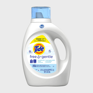 A white detergent bottle labeled 