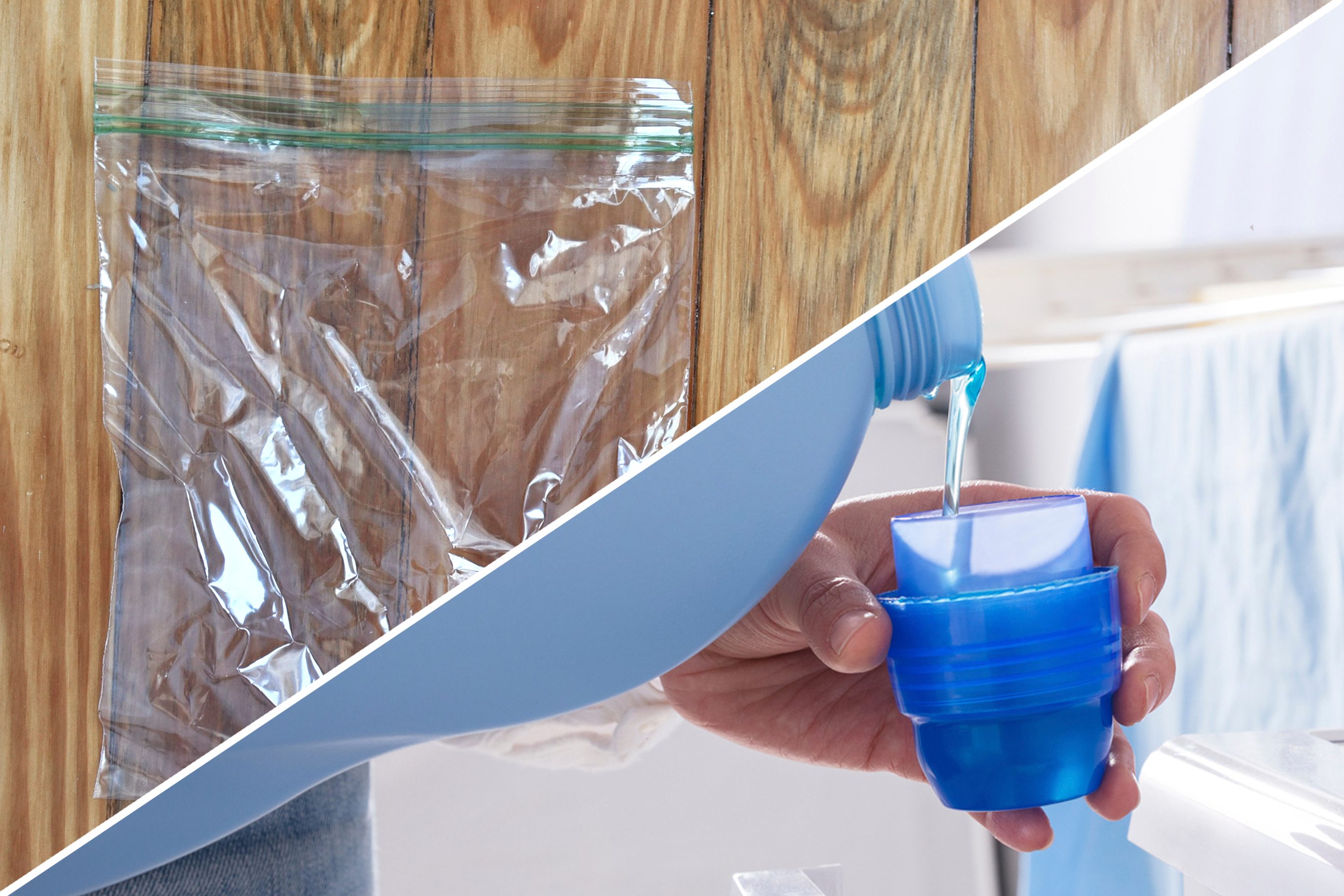Plastic bag hanging on wooden surface; liquid being poured from blue bottle into measuring cup in laundry room.