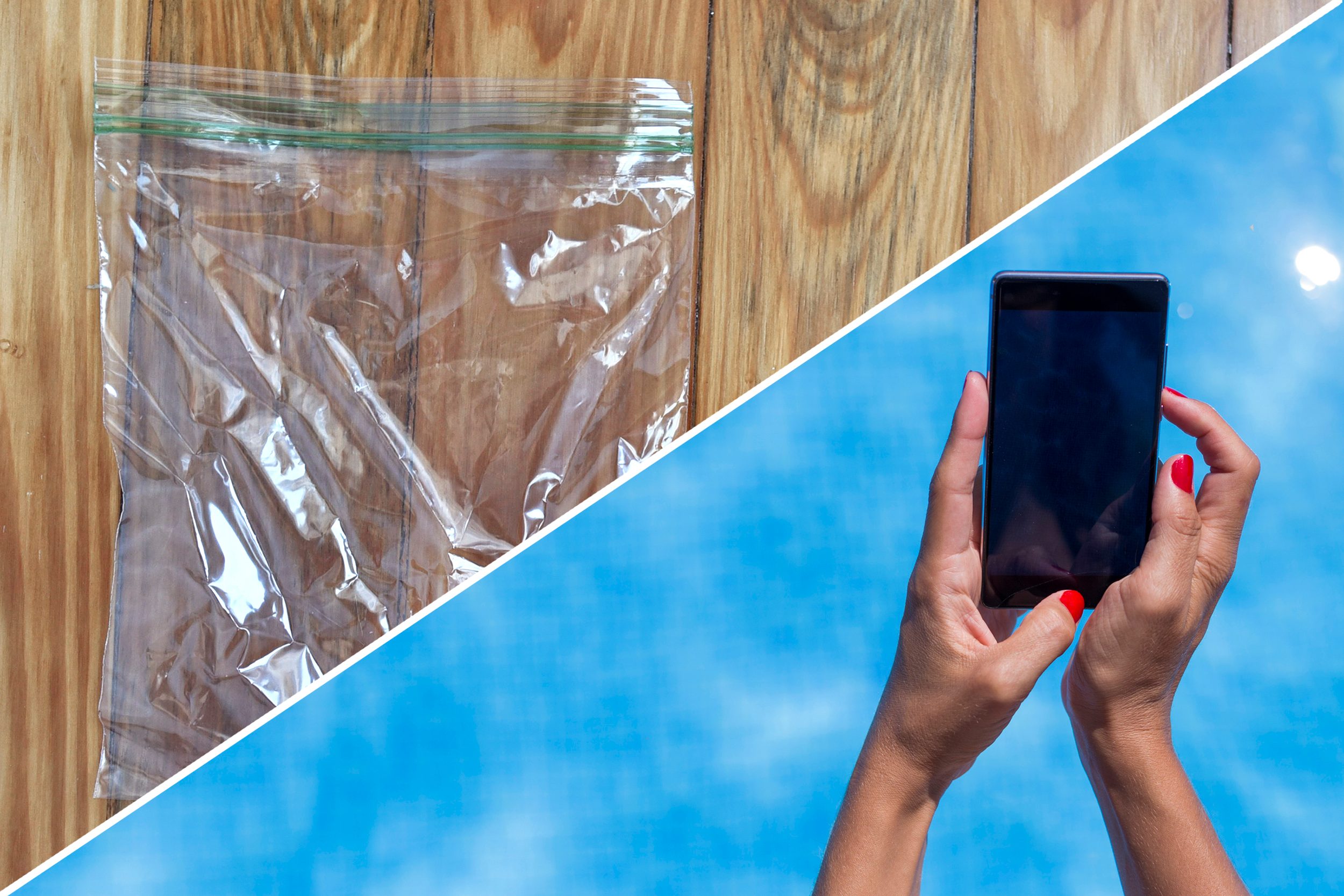 Plastic bag sits on wooden surface; hands hold a smartphone against a bright blue background.