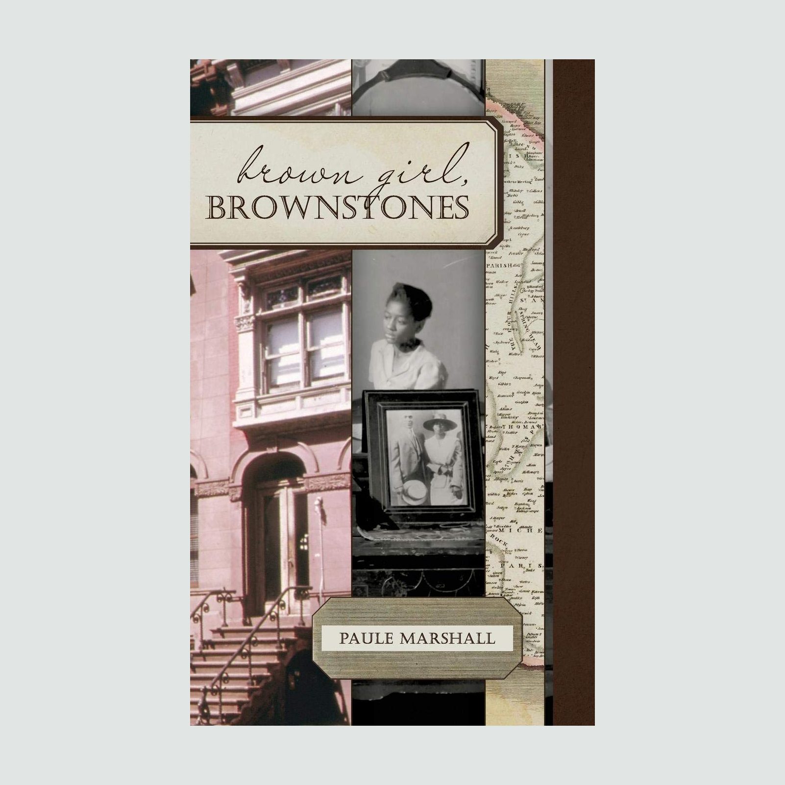 Book cover featuring a brownstone building, a framed portrait, and a girl's photograph. Title reads "Brown Girl, Brownstones" by Paule Marshall.