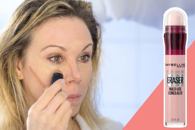 Woman applying concealer under eyes with a makeup stick; product shown separately on the right in a bright, minimalist setting. Text includes 