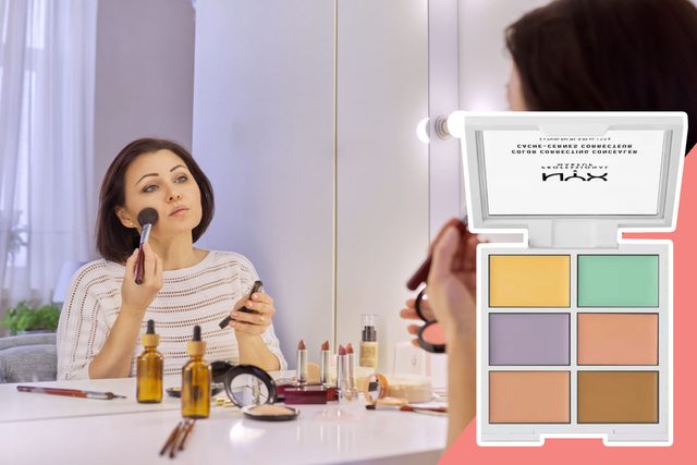Person applies makeup with a brush at a vanity, surrounded by cosmetics. Inset shows a NYX color-correcting concealer palette.
