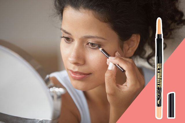A woman applies eyeliner while looking into a mirror; a makeup pencil labeled 