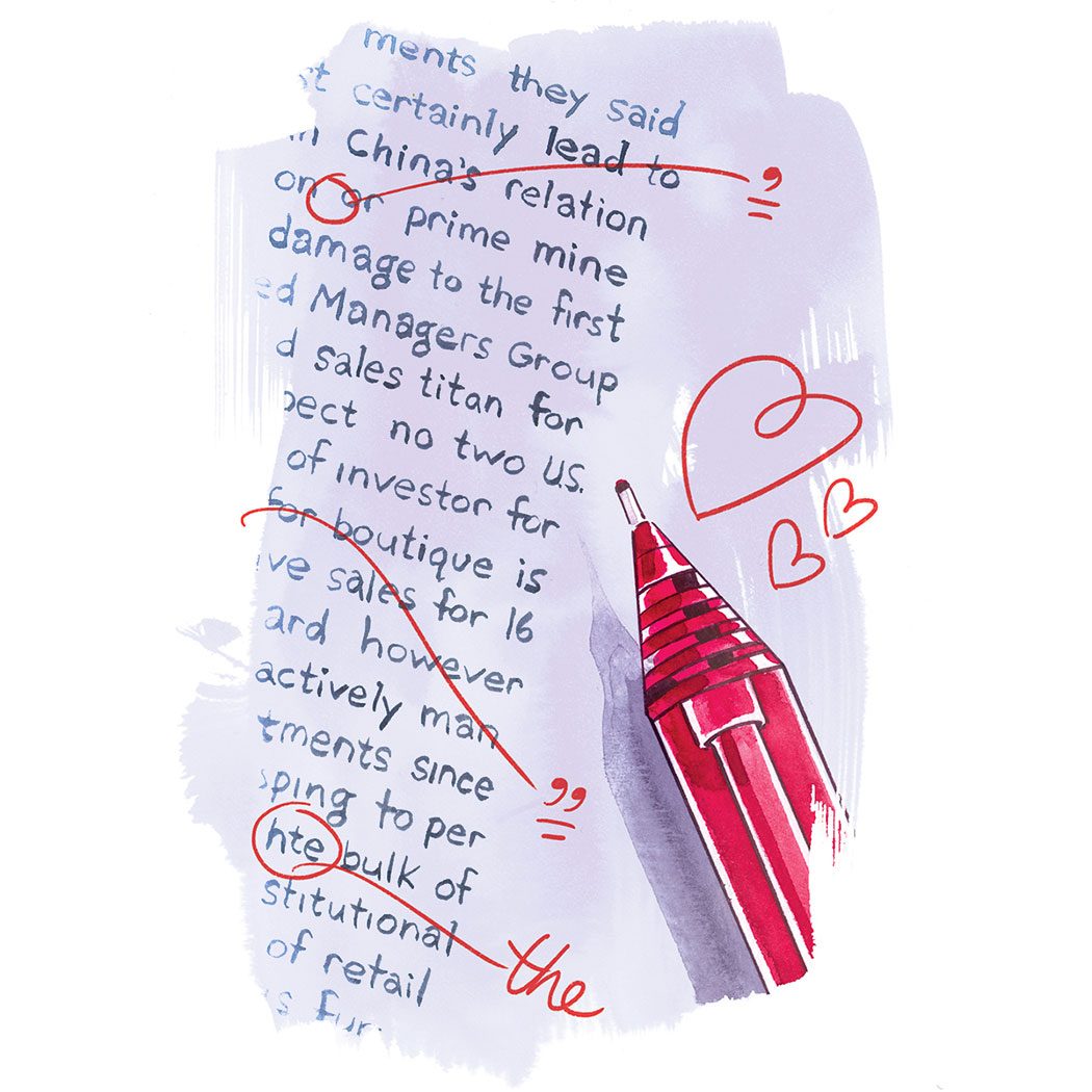 illustration; pen marks correcting spelling and grammar