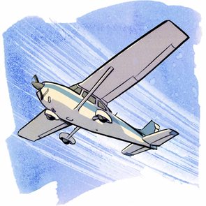 Aircraft flies, wings extended, against a textured blue sky backdrop.