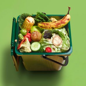 A bin holds assorted food scraps, like vegetables and fruit peels, against a solid green background.