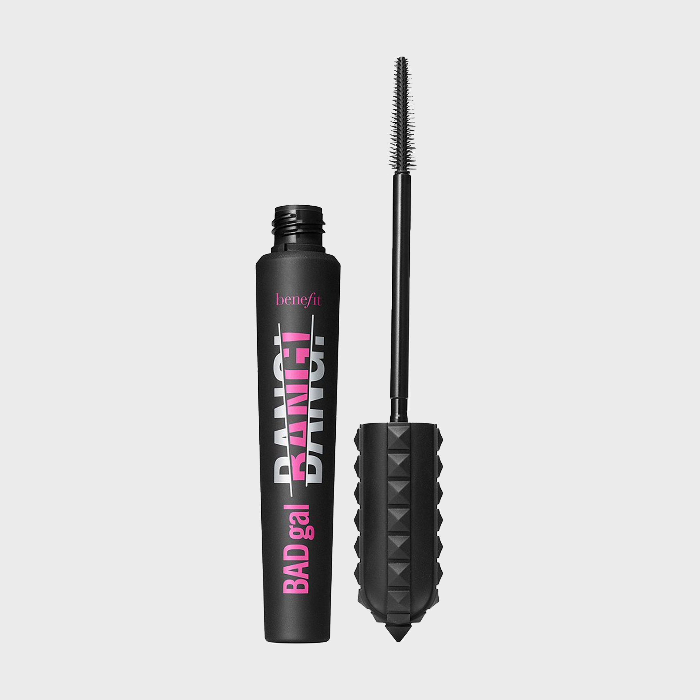 Mascara tube labeled "BADgal BANG!" stands upright with brush wand extended, against a plain background.