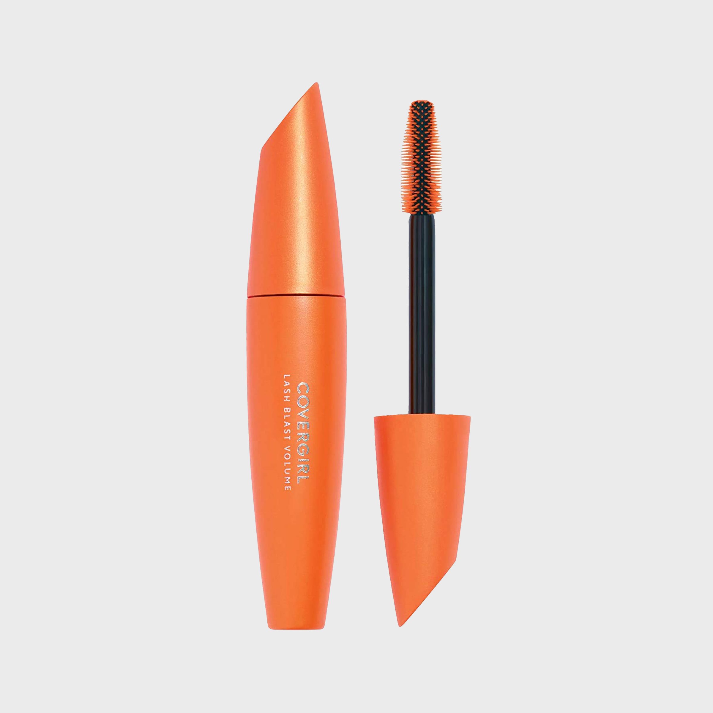 Orange mascara tube with brush, set against a plain white background. Text reads, "Covergirl Lash Blast Volume."