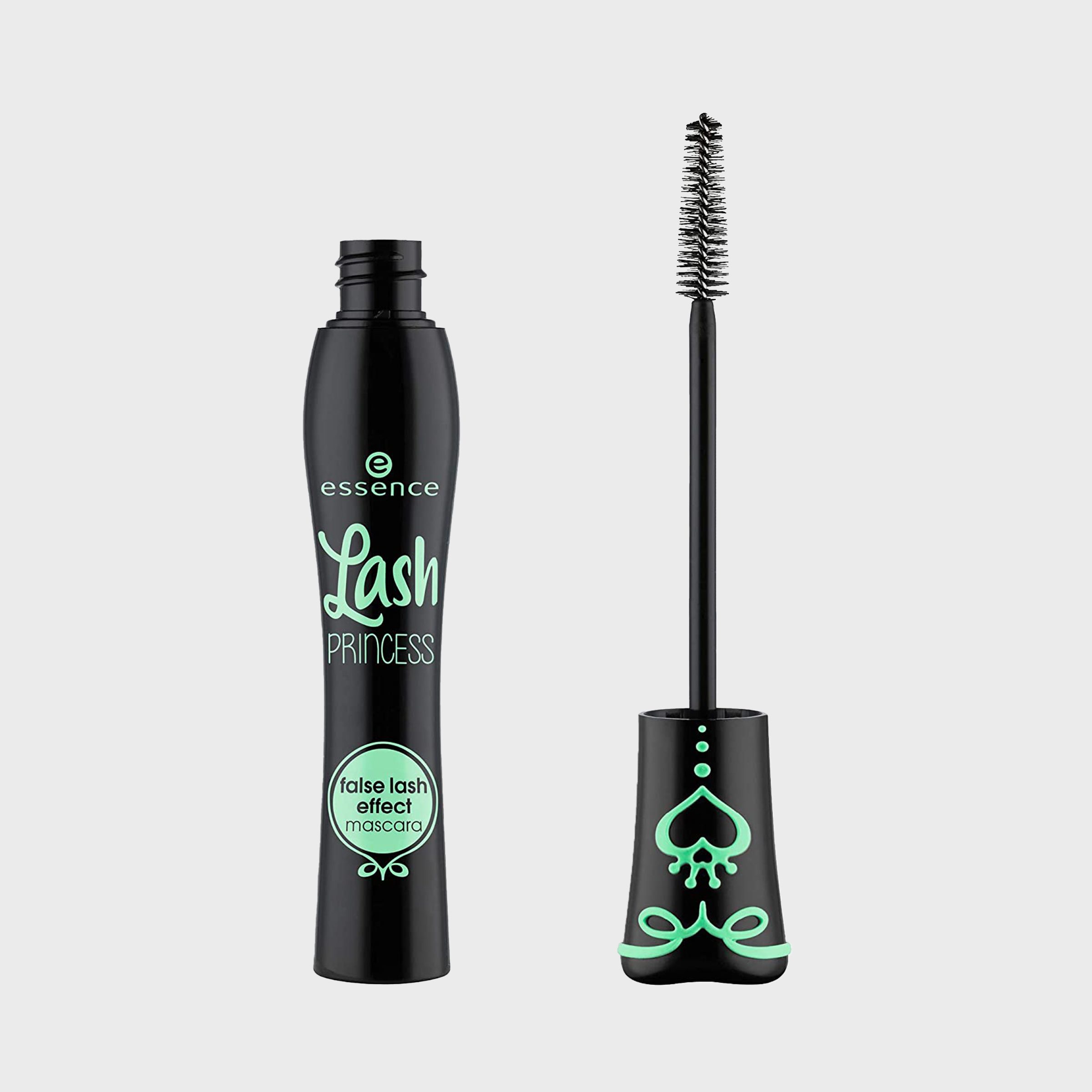 Mascara tube and wand displayed on a light gray background. Text on tube reads: "essence Lash Princess false lash effect mascara."