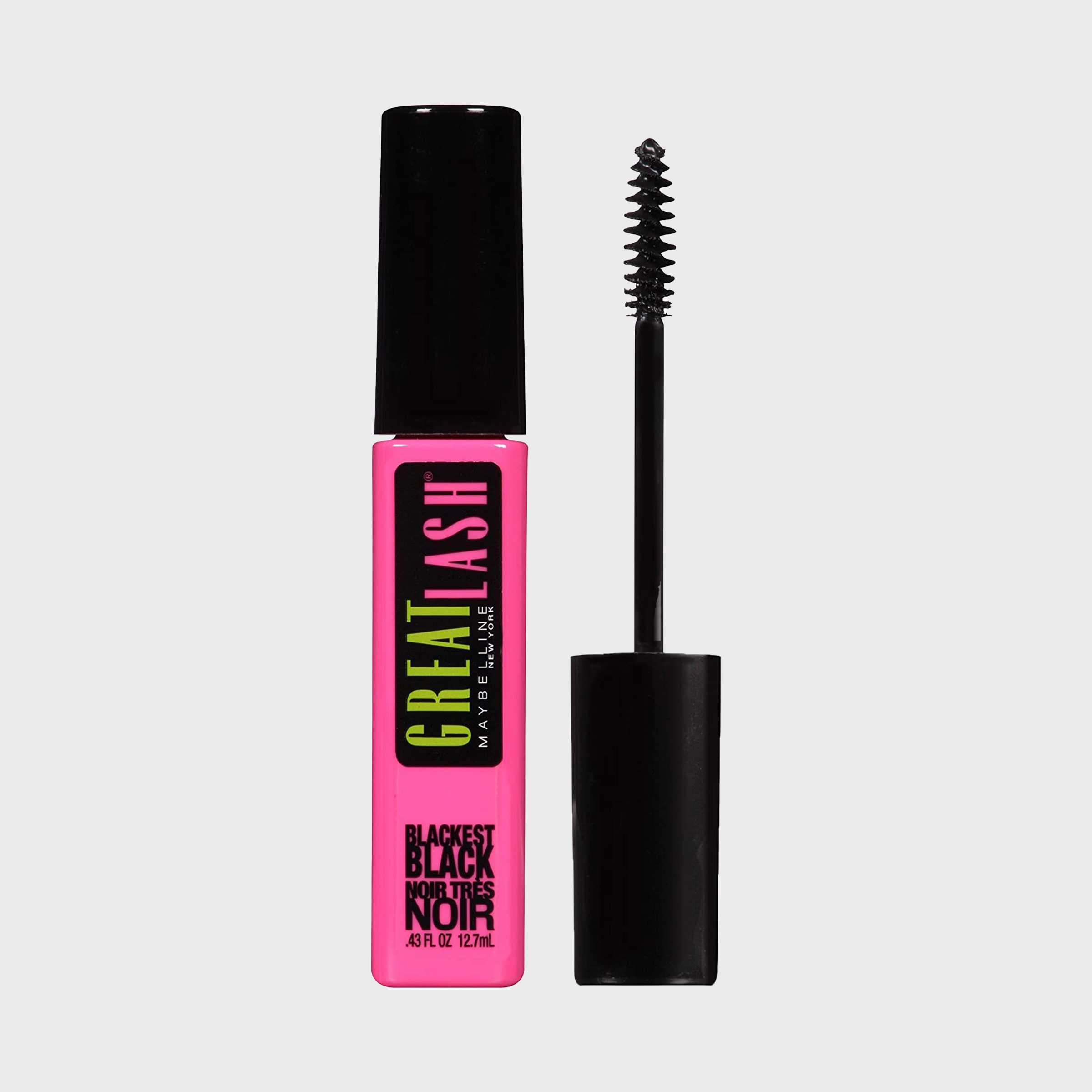 Mascara bottle with black brush, lid open, text reads "BLACK" and "GREAT LASH." Bright pink container on a plain grey background.