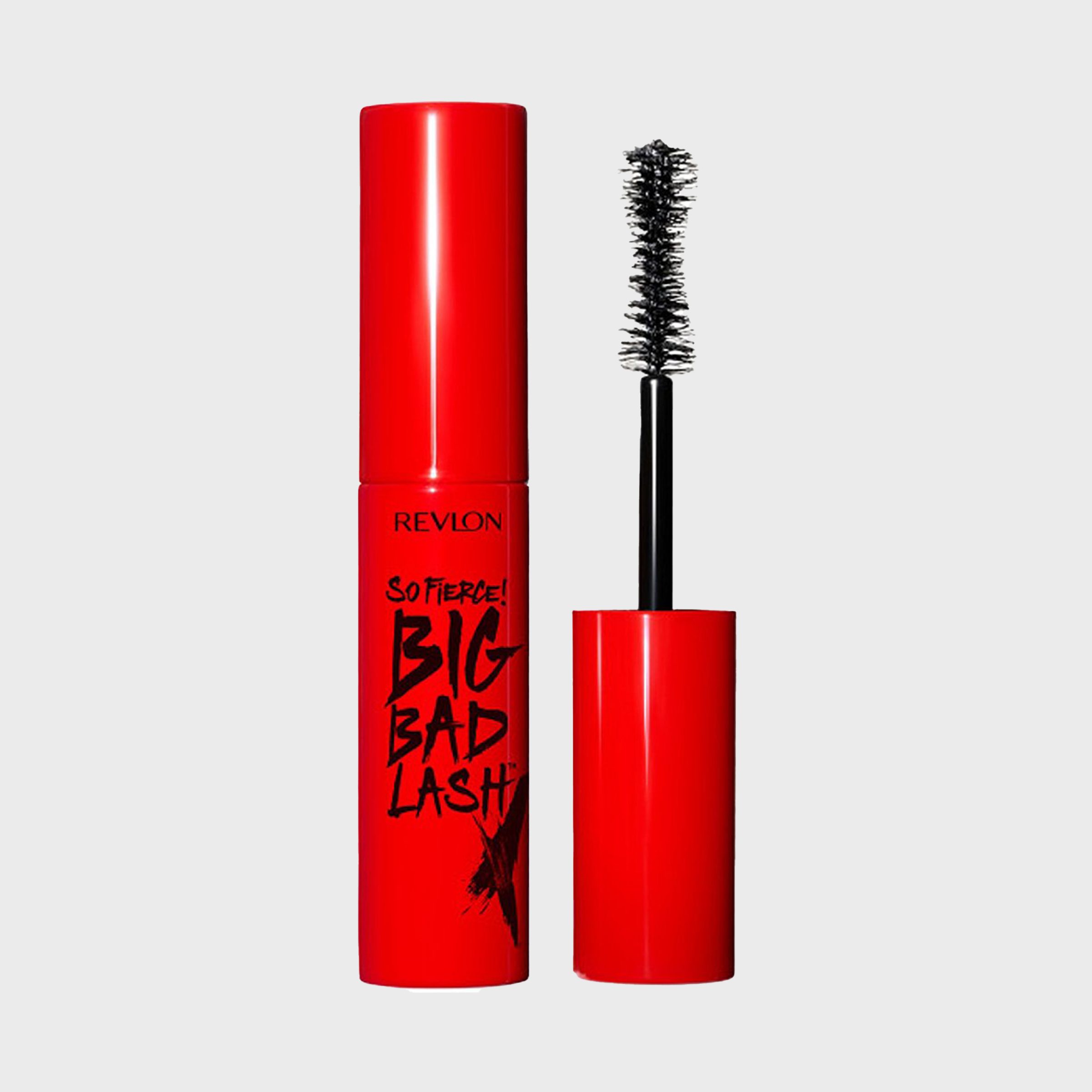 Red mascara tube stands open, featuring a brush; labeled "Revlon So Fierce! Big Bad Lash" against a plain background.
