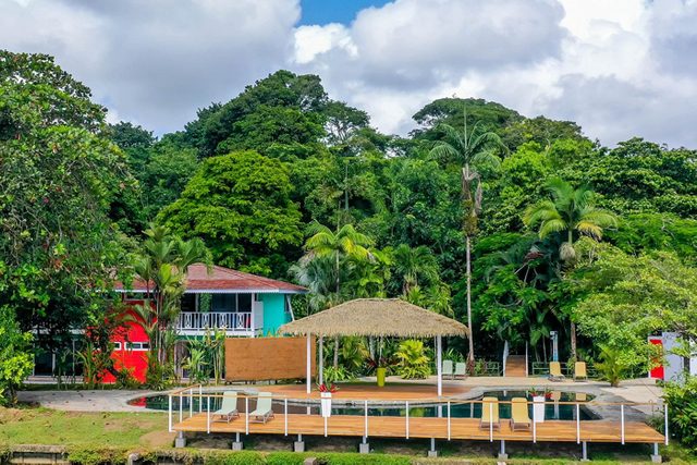 A colorful house stands amidst dense greenery, next to a thatched gazebo on a wooden deck with chairs, beneath a partly cloudy sky.