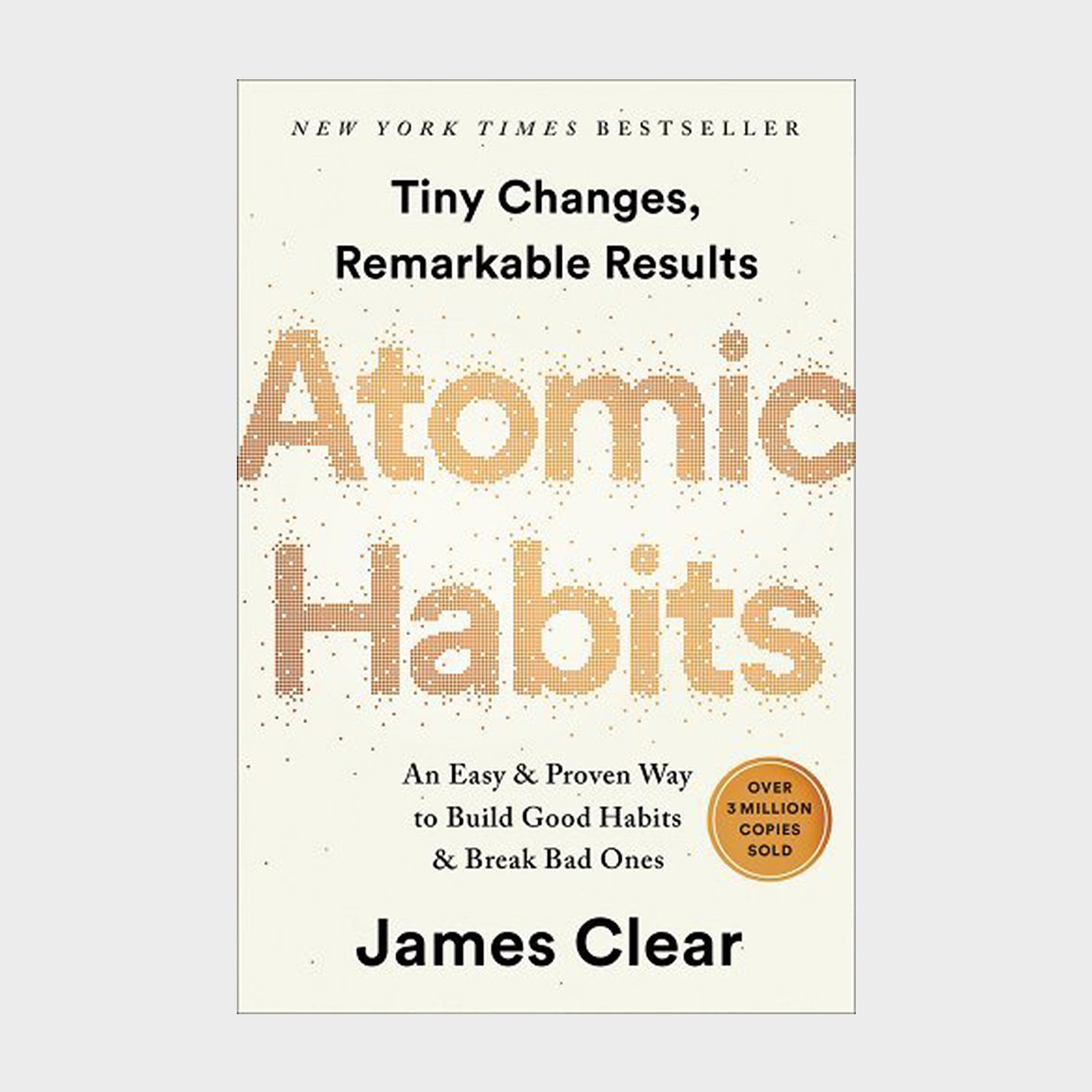 Book cover displays "Atomic Habitsâ€ title; James Clear is the author. Background is minimalist with a badge reading "Over 3 million copies sold."