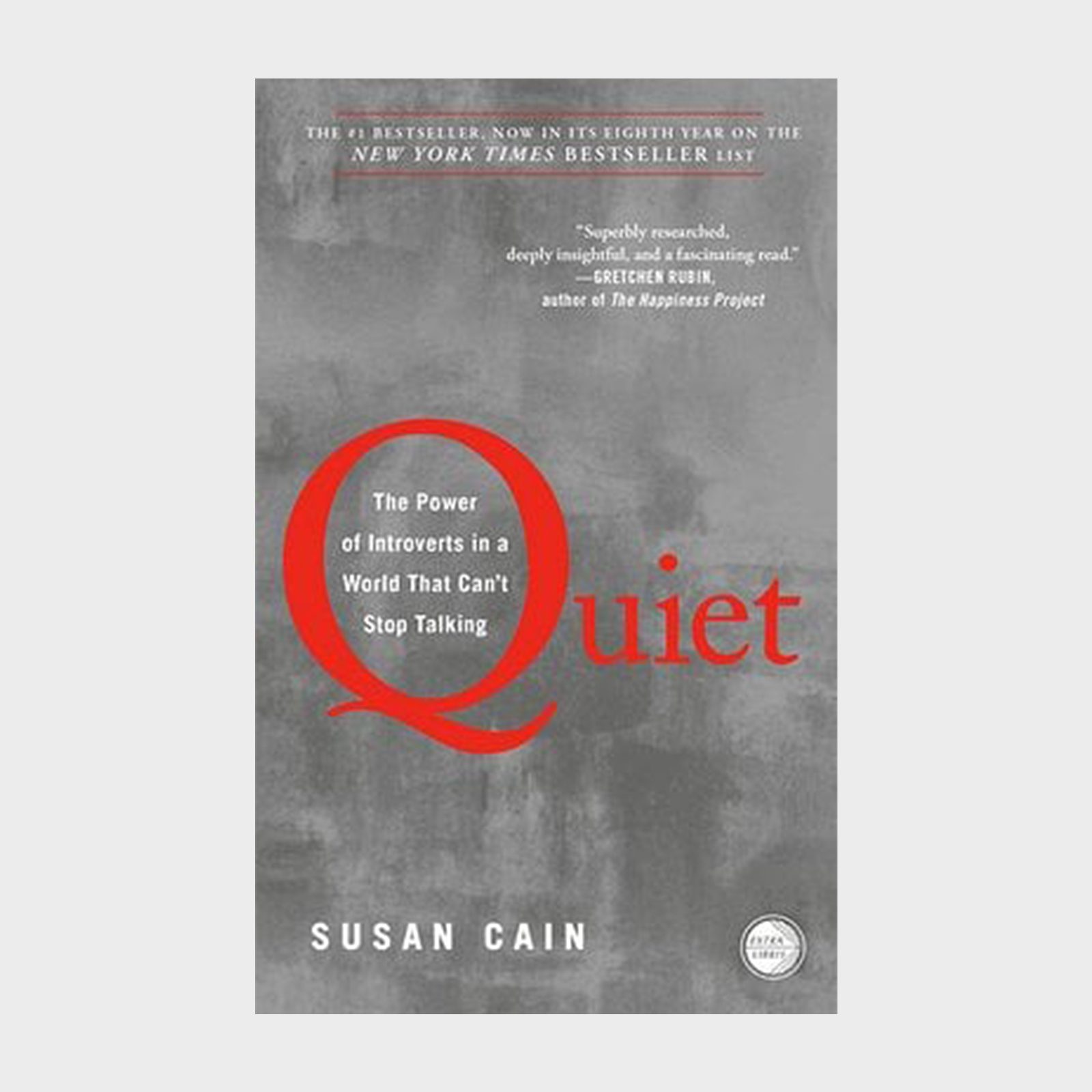 Book cover features bold red "Quiet" text against gray background, promoting introversion's power. The author's name, Susan Cain, appears below in white.