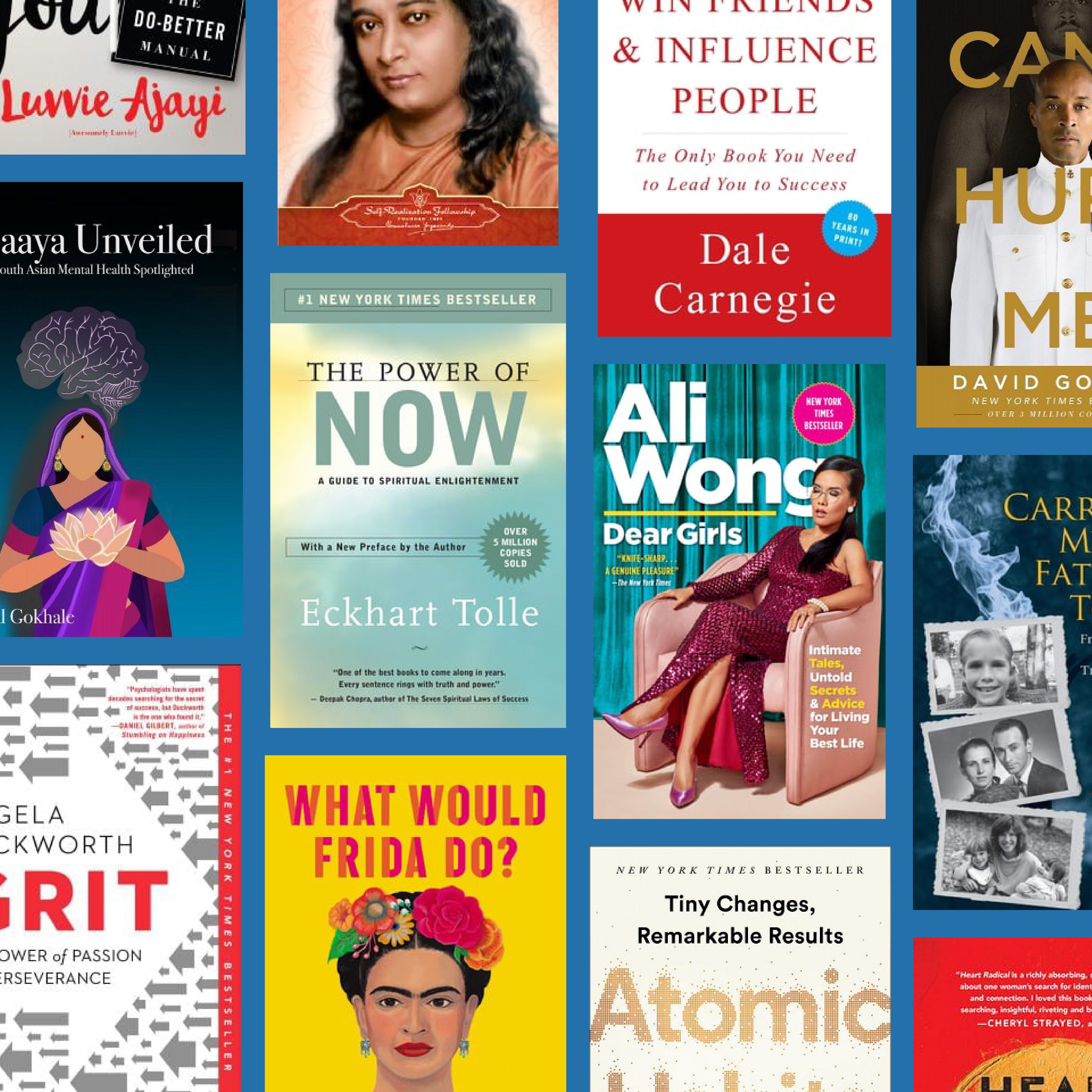 Book covers displayed together form a grid, showcasing various titles and authors in a blue backdrop. Notable titles include "The Power of Now."