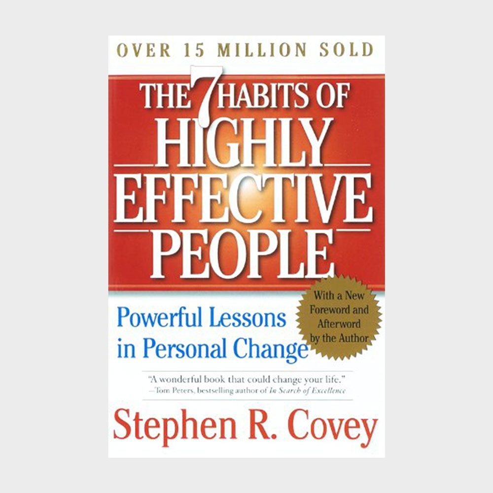 Book cover displays title "The 7 Habits of Highly Effective People," with a gold seal. Context includes author's name, Stephen R. Covey.