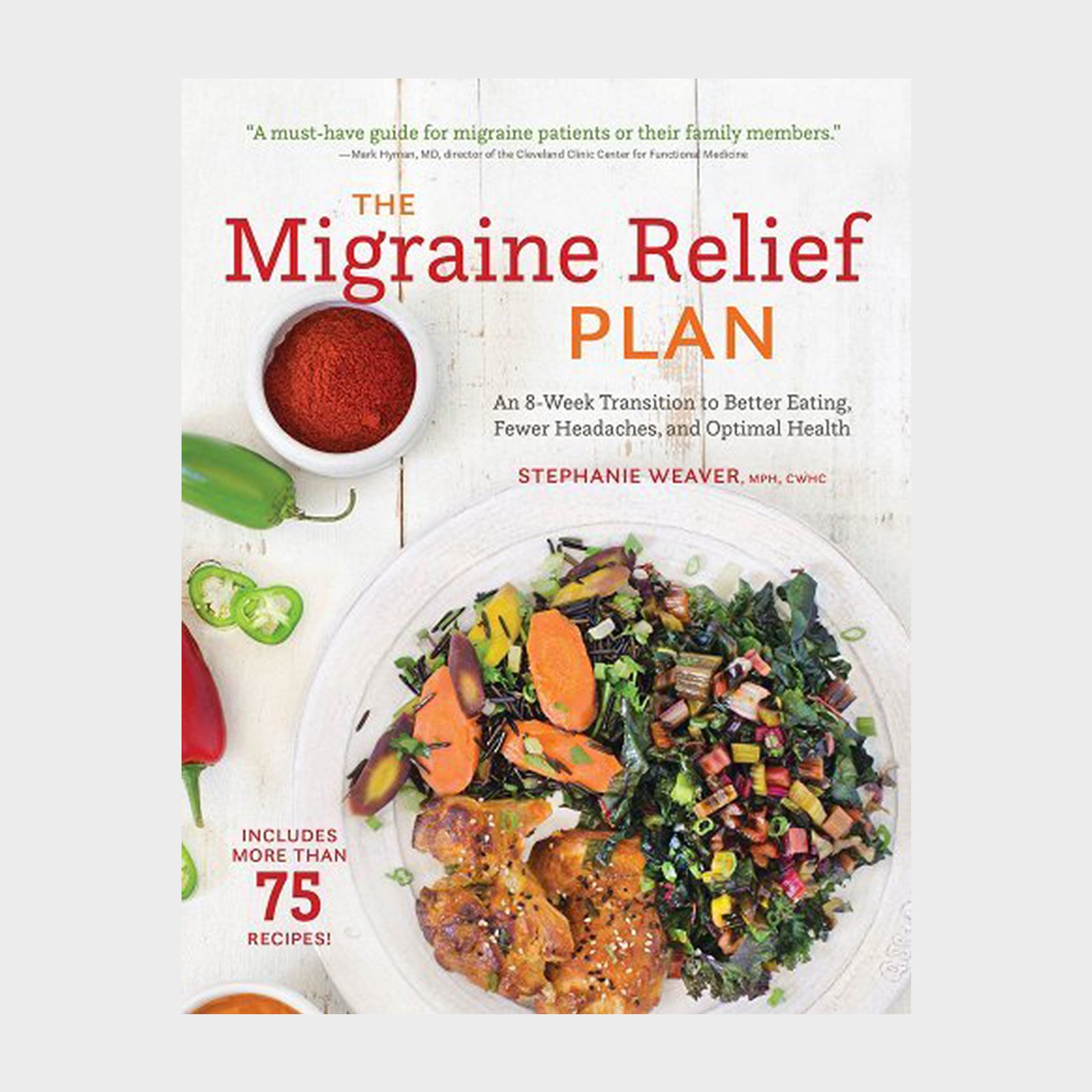 Cookbook cover featuring a colorful meal on a plate, garnished with vegetables; spices and peppers surround it. Title: "The Migraine Relief Plan."