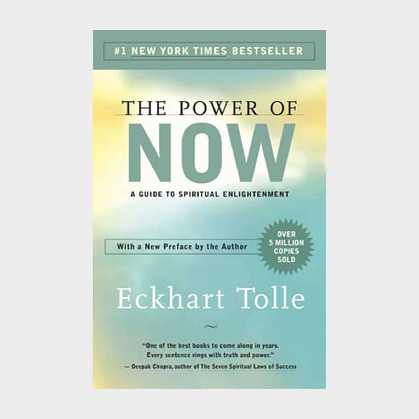 Book cover displays the title "The Power of Now," focusing on spiritual enlightenment, set against a gradient sky background. Author is Eckhart Tolle.
