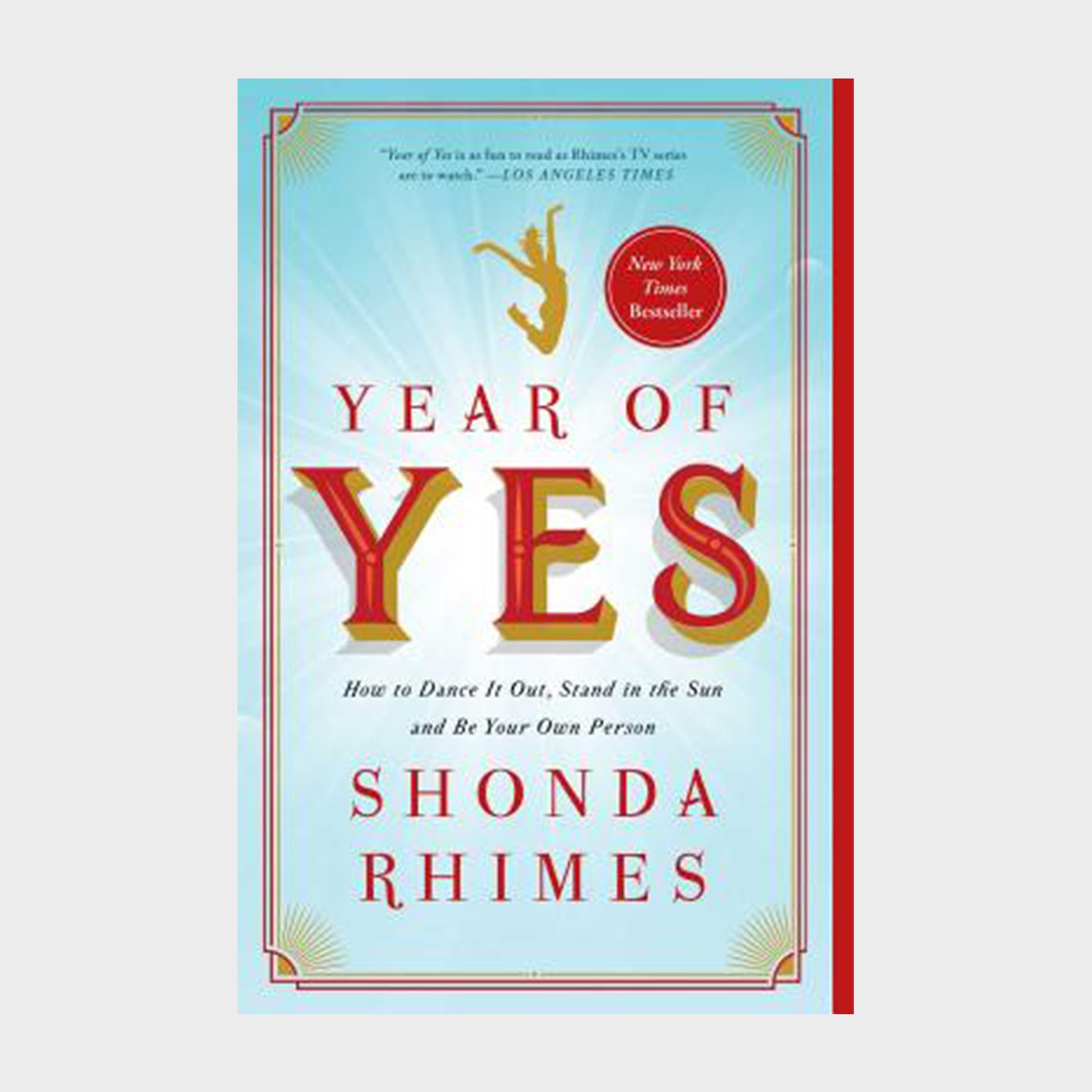 Book cover displays large text "Year of Yes," with silhouette dancing, surrounded by a blue background and red highlights, featuring author Shonda Rhimes.