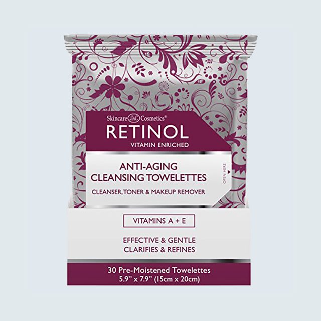 Package displays skincare towelettes with Retinol, Vitamins A + E, for anti-aging use; floral design and text indicate cleansing, toning, and makeup removal functions.