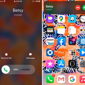 Incoming call from "Betsy" on a mobile phone with colorful app icons background; options to answer or decline the call are visible.