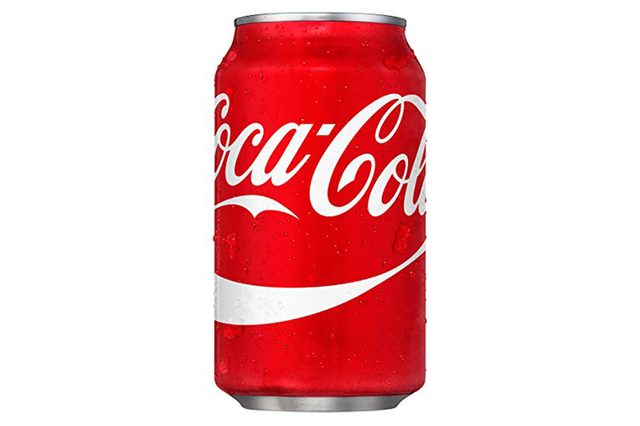 A red soda can displays "Coca-Cola" in white script, set against a plain white background.