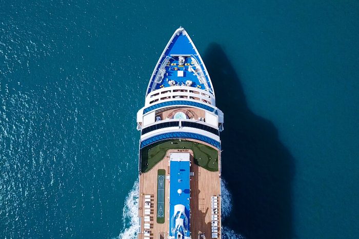 Large Cruise ship sailing across The Mediterranean sea - Aerial image