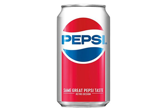 A Pepsi can displays a retro design with a red, white, and blue logo on a silver background. Text: "SAME GREAT PEPSI TASTE."