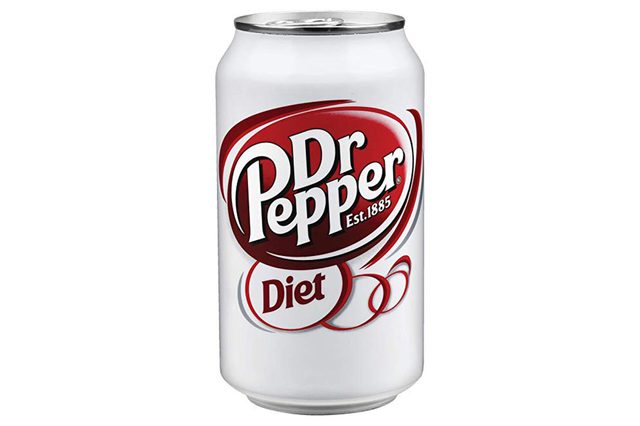 A white can displays "Dr Pepper Diet" text in bold red and white, against a plain background.