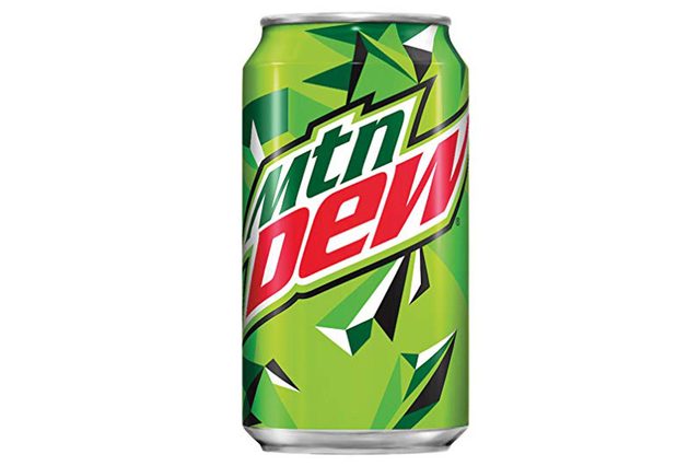 Aluminum can displays "Mtn Dew" in bold red and white text, set against a vibrant green geometric background.