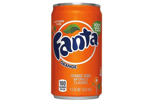 A can displays "Fanta" and "Orange Soda Naturally Flavored." Bright orange design, labeled caffeine-free, 100 calories, 7.5 fl oz (222 mL).