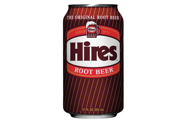 A can displays "Hires Root Beer" branding with red, brown, and white colors, against a plain background.