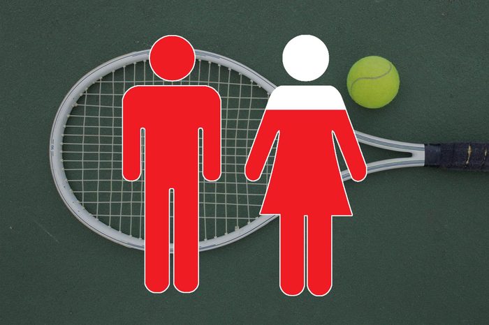 tennis racket and tennis ball on tennis court ground with man and woman symbols overlay