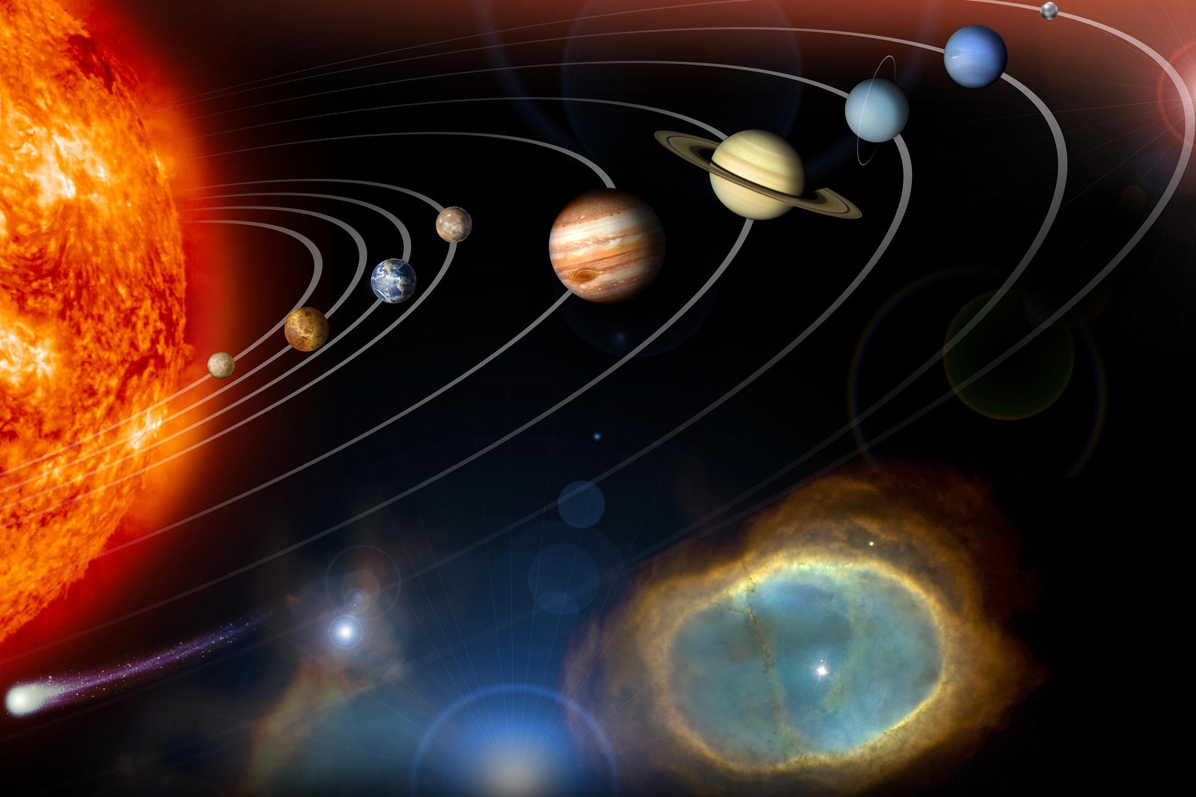 This image is an unannotated version of NASA Planetary Photojournal Home Page graphic. This digital collage contains a highly stylized rendition of our solar system and points beyond.