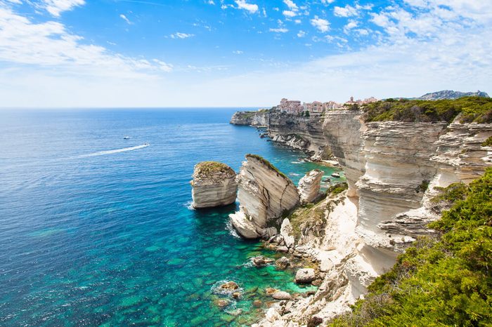View of Bonifacio old town built on top of cliff rocks, Corsica island, France