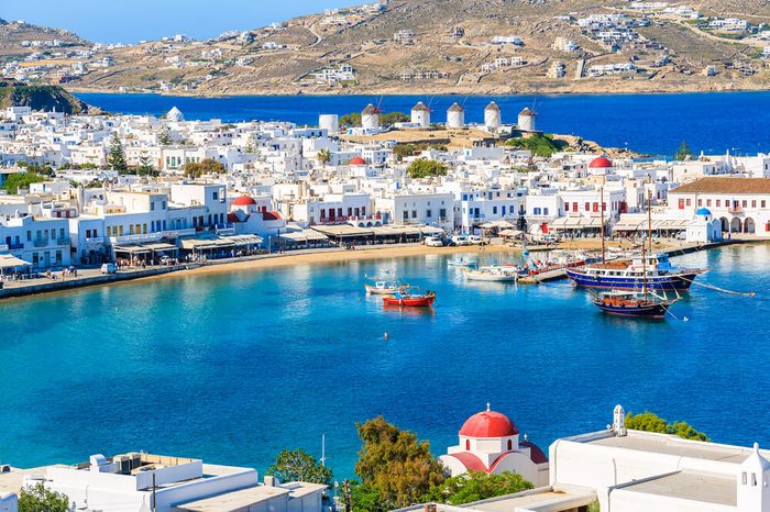A view of Mykonos port with boats, Cyclades islands, Greece