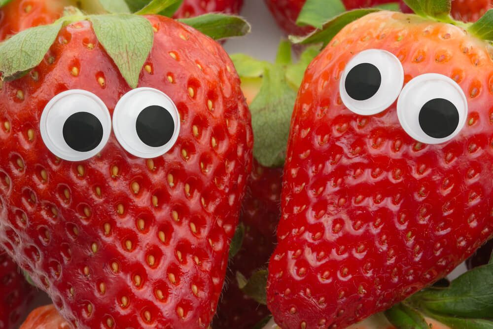 April fools pranks for kids. strawberries with eyes