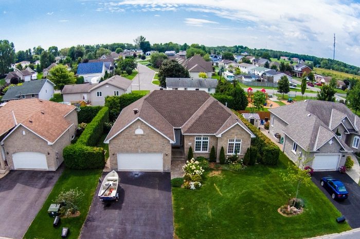 Residential neighborhood subdivision skyline Aerial shot