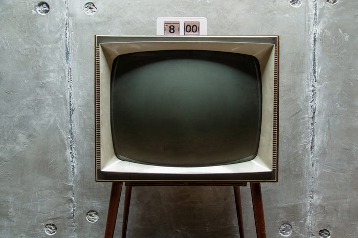 clock on the old TV close-up in the studio