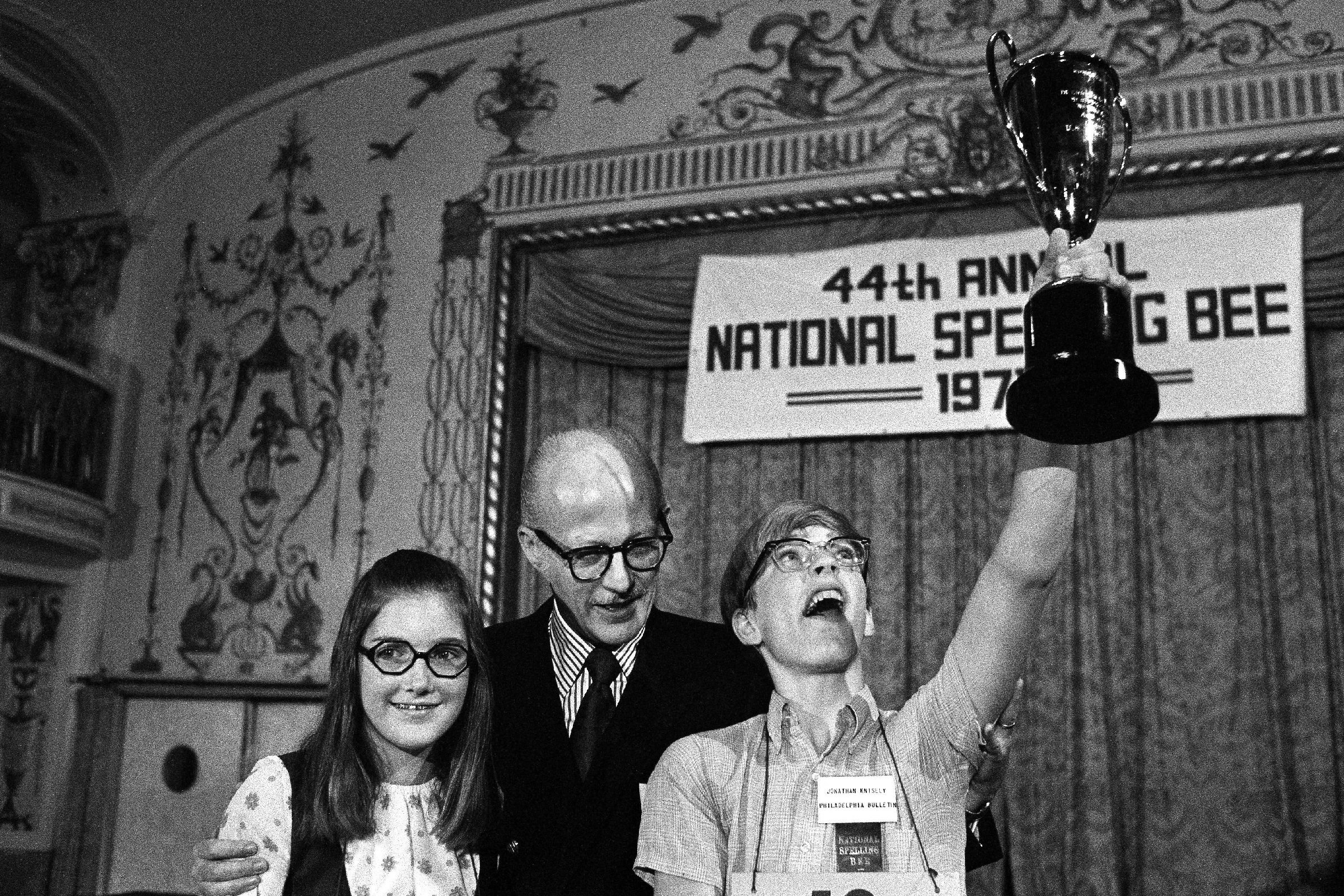 Jonathan Knisely Jonathan P. Knisely,12, of Mullica Hills, N.J., holds his winner's trophy high after winning the National Spelling Bee in Washington, D.C. On May 29, 2014, Sriram Hathwar of Painted Post, N.Y., and Ansun Sujoe of Fort Worth, Texas, were declared co-champions of the 2014 Scripps National Spelling Bee