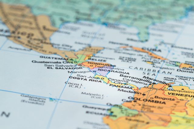 close up of the central america area with Costa Rica in sharp focus