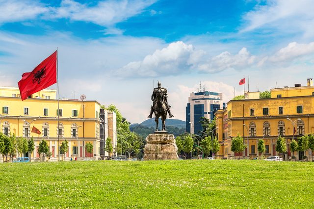 Skanderbeg square and Skanderbeg monument in Tirana in a beautiful summer day, Albania