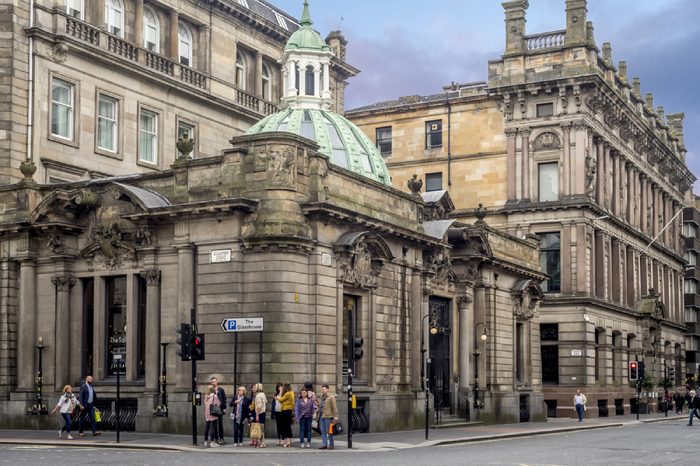 GLASGOW, SCOTLAND - JULY 21: Beautiful victorian architecture on Ingram Street on July 21, 2017 in Glasgow, Scotland. Glasgow is known for its Victorian architecture from the 19th century.