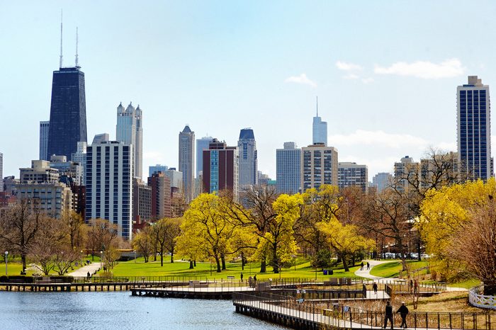 Chicago skyline with skyscrapers viewed from Lincoln Park over lake