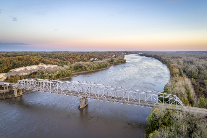 Missouri River bridge and I-70 highway near Rocheport, MO (Taylor's Landing) - aerial view in late October evening