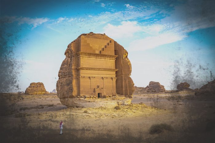 Tomb of Lihyan, son of Kuza, in northwestern Saudi Arabia with a dark vignette on the image to represent danger