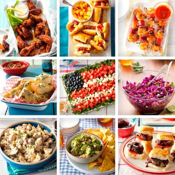 A collage of vibrant American picnic food, including wings, hot dogs, skewers, pizza, salad, and sliders, arranged on colorful plates and trays.