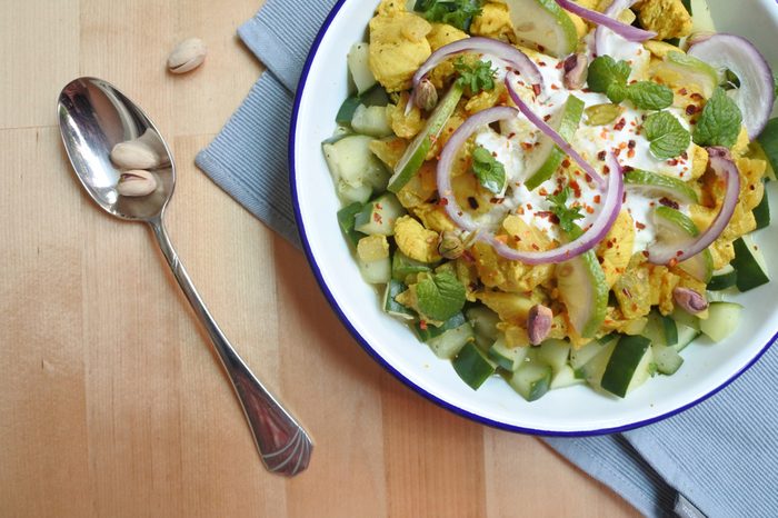 middle eastern style turmeric-ginger marinated chicken with cucumber, mint, onion, lime , pistachio and yogurt