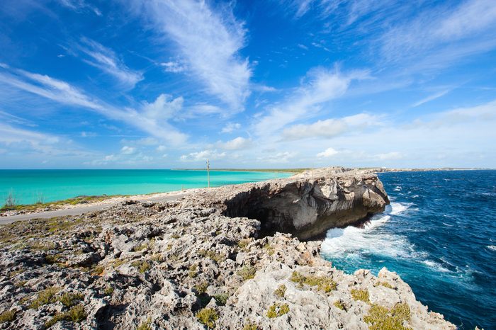 Glass window bridge on Eleuthera island Bahamas where Caribbean sea meets Atlantic ocean
